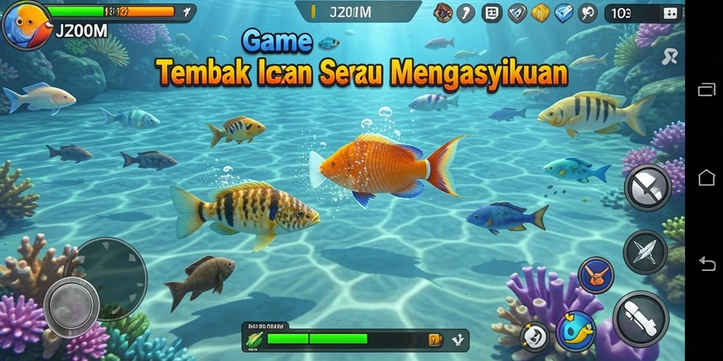 Tangkapan layar gameplay J200M yang menampilkan aksi tembak ikan yang seru.