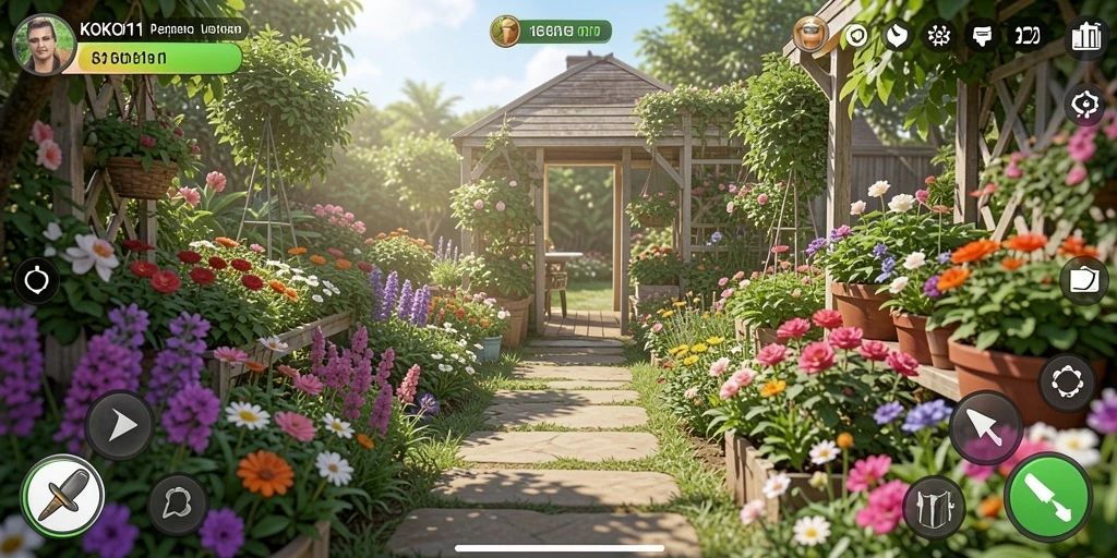 Tampilan permainan KOKO11 dengan kebun yang indah dan tanaman yang subur.
