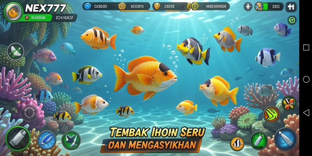 Tangkapan layar gameplay NEX777 menampilkan aksi seru saat menembak ikan.