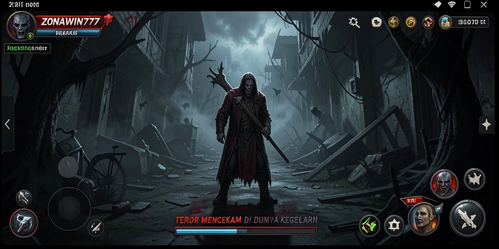 Screenshot menampilkan suasana mencekam di ZONAWIN777 dengan makhluk menyeramkan.